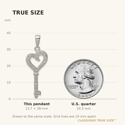 Sterling Silver Rhodium-plated CZ Heart Key Pendant, 39 x 14mm