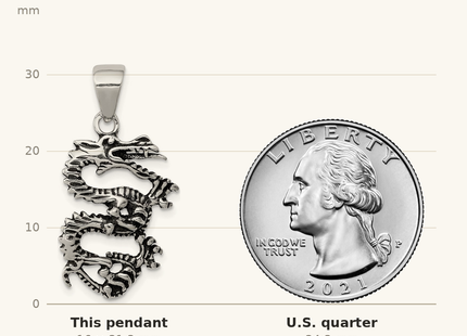 Classique True Size: Sterling Silver Antiqued & Textured Dragon Pendant shown next to a US quarter (24.3 mm)