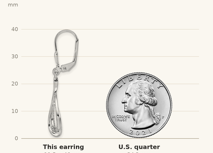 Classique True Size: Sterling Silver Rhodium-plated CZ Polished Tear Drop Swirl Leverback Earrings shown next to a US quarter (24.3 mm)