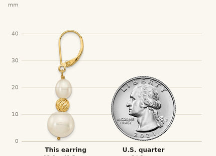 True size: 14k 6- White Round and Rice Freshwater Cultured Pearland Diamond-cut Beaded Dangle Leverback Earrings shown next to a US quarter (24.3 mm)
