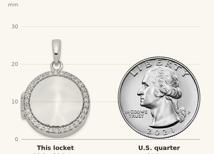 Classique True Size: Sterling Silver Rhodium-plated Polished CZ Circle Locket shown next to a US quarter (24.3 mm)
