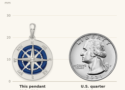 Classique True Size: De-Ani Sterling Silver Rhodium-Plated Polished Enameled Large Compass Pendant shown next to a US quarter (24.3 mm)