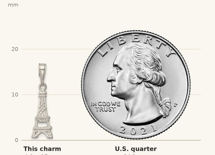 True size: Sterling Silver Polished Eiffel Tower Charm shown next to a US quarter (24.3 mm)