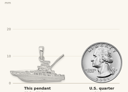 Classique True Size: De-Ani Sterling Silver Rhodium-Plated Polished 3D Sportfishing Boat Pendant shown next to a US quarter (24.3 mm)