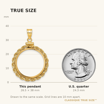 Wideband Distinguished Coin Jewelry 14K Polished Rope and Diamond-cut x Screw Top Coin Bezel Pendant, 38 x 27mm