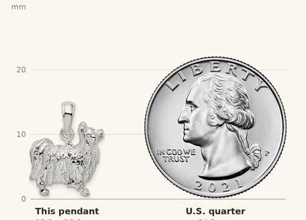 Classique True Size: De-Ani Sterling Silver Rhodium-Plated Textured 3D Papillon Dog Pendant shown next to a US quarter (24.3 mm)