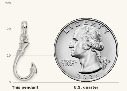 Classique True Size: De-Ani Sterling Silver Rhodium-Plated Polished 3D Fish Hook Pendant shown next to a US quarter (24.3 mm)
