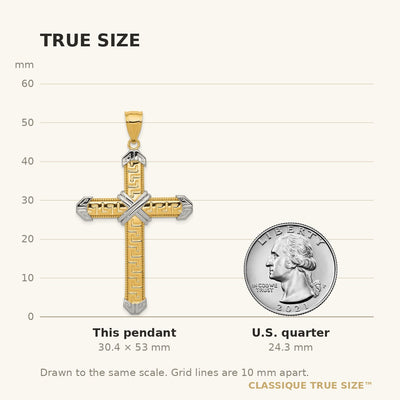 14K And Rhodium Greek Key Cross Pendant