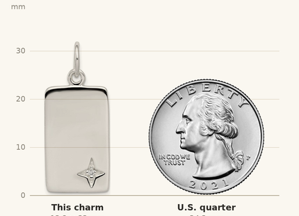 Classique True Size: Sterling Silver CZ Polished Rectangle Charm shown next to a US quarter (24.3 mm)