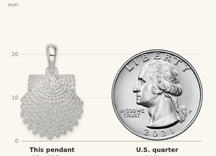Classique True Size: De-Ani Sterling Silver Rhodium-Plated Polished Beaded Scallop Shell Pendant shown next to a US quarter (24.3 mm)