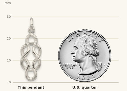 True size: Sterling Silver Polished Double Fancy Knot Pendant shown next to a US quarter (24.3 mm)