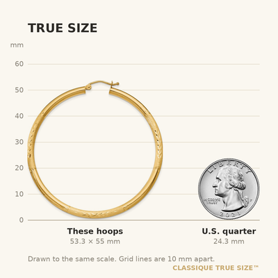 14K Satin and Diamond-cut Round Hoop Earrings, 55 x 3mm