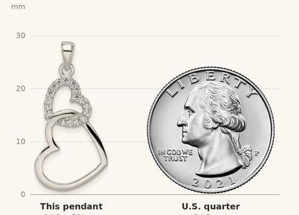 Classique True Size: Sterling Silver Polished CZ Double Heart Pendant shown next to a US quarter (24.3 mm)