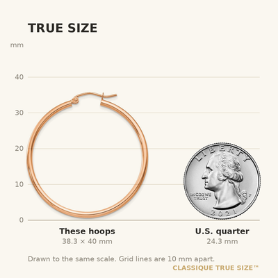 14K Rose Gold Polished Lightweight Tube Hoop Earrings, 40 x 2mm