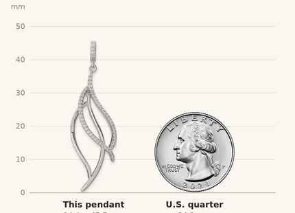 Classique True Size: Sterling Silver Rhodium-plated CZ Dangle Leaf Pendant shown next to a US quarter (24.3 mm)