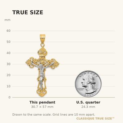 14K Two-tone Inri Fleur De Lis Crucifix Pendant, 57 x 31mm