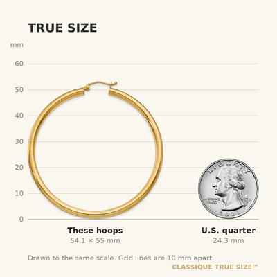 14K Polished Lightweight Tube Hoop Earrings, 55 x 3mm