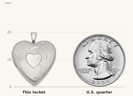Classique True Size: Sterling Silver Rhod-plated Satin/Polished D/C Butterfly Heart Locket shown next to a US quarter (24.3 mm)