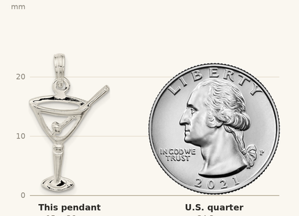 Classique True Size: De-Ani Sterling Silver Rhodium-Plated Polished Cut-Out Martini with Olive Pendant shown next to a US quarter (24.3 mm)