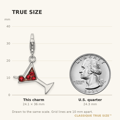 Amore La Vita Sterling Silver Rhodium-plated Polished Enameled Red Crystal Martini Glass Charm with Fancy Lobster Clasp