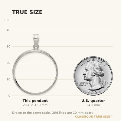 Wideband Distinguished Coin Jewelry 14K White Gold Polished and Diamond-cut Prong Coin Bezel Pendant, 37.85 x 28.4mm