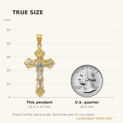 14K Two-tone Inri Fleur De Lis Crucifix Pendant, 47 x 23mm