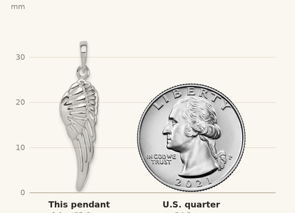 Classique True Size: Sterling Silver Rhodium-plated Polished/Textured Angel Wing Pendant shown next to a US quarter (24.3 mm)