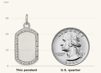 Classique True Size: Sterling Silver Rhodium-plated Polished CZ Engraveable Dog Tag Pendant shown next to a US quarter (24.3 mm)