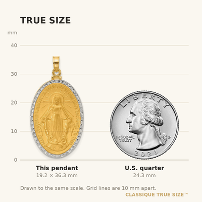 14K with Rhodium Satin and Polished Miraculous Medal Solid Oval Pendant, 36.3 x 19.4mm