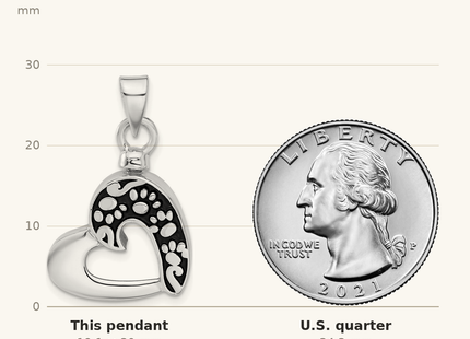 Classique True Size: Sterling Silver Rhodium-plated Enamel Heart with Paw Prints Pendant shown next to a US quarter (24.3 mm)