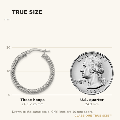 14K White Gold Twisted Round Hoop Earrings, 26 x 3mm