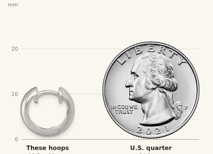Classique True Size: Sterling Silver Rhodium-plated Polished 5.00 x Round Hinged Hoop Earrings shown next to a US quarter (24.3 mm)