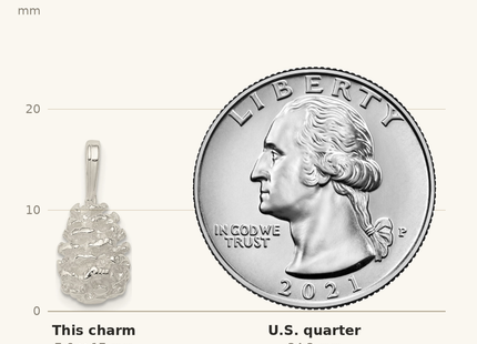 Classique True Size: Sterling Silver Pinecone Charm shown next to a US quarter (24.3 mm)