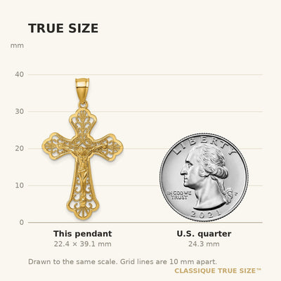 14K Polished Diamond-cut Fleur de Lis Filigree Fancy Crucifix Pendant