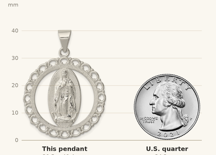 Classique True Size: Sterling Silver Polished Religious Ruffled Circle Pendant shown next to a US quarter (24.3 mm)