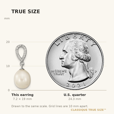 Sterling Silver Rhodium-plated White Rice Freshwater Cultured Pearl and CZ Post Dangle Earrings, 19 x 8 to 9mm