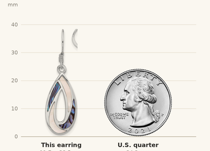 Classique True Size: Sterling Silver RH-pltd Polished Abalone & MOP Teardrop Dangle Earrings shown next to a US quarter (24.3 mm)
