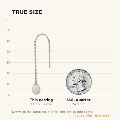 Sterling Silver Rhodium-plated White Teardrop Freshwater Cultured Pearl Threader Earrings, 57 x 7 to 8mm