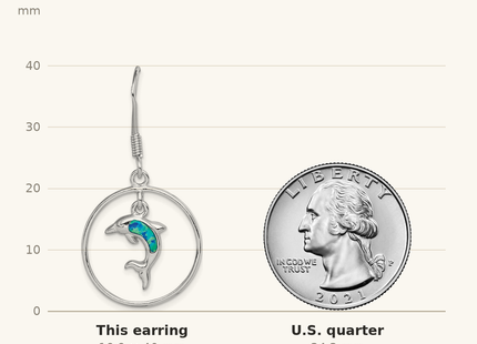 Classique True Size: Sterling Silver Rhodium-plated Polished Created Blue Opal Dolphin Dangle Earrings shown next to a US quarter (24.3 mm)