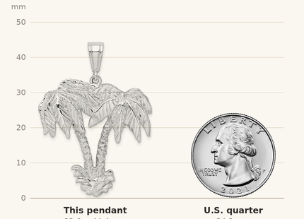 Classique True Size: De-Ani Sterling Silver Rhodium-Plated Polished Palm Trees Pendant shown next to a US quarter (24.3 mm)
