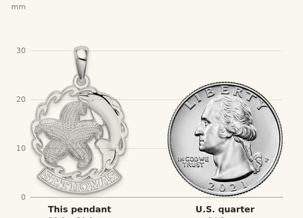 Classique True Size: De-Ani Sterling Silver Rhodium-Plated St. Thomas Starfish and Dolphin Pendant shown next to a US quarter (24.3 mm)