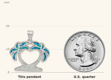Classique True Size: Sterling Silver Rhodium-plated Created Blue Opal Palm Trees Pendant shown next to a US quarter (24.3 mm)