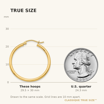 14K Polished Lightweight Tube Hoop Earrings, 30 x 2mm