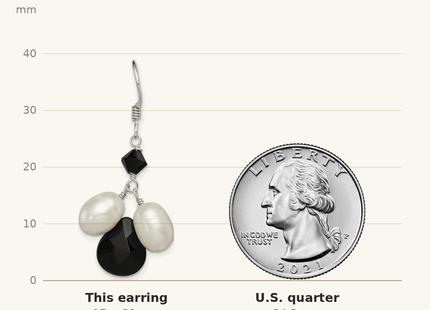 Classique True Size: Sterling Silver Polished FWC Pearl / Black Crystal / Onyx Dangle Earrings shown next to a US quarter (24.3 mm)