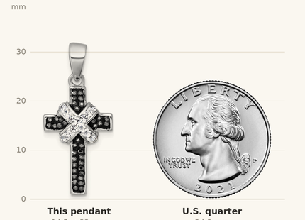 Classique True Size: sterling Silver Rhodium-plated Black And White Crystal -X- Cross Pendant shown next to a US quarter (24.3 mm)