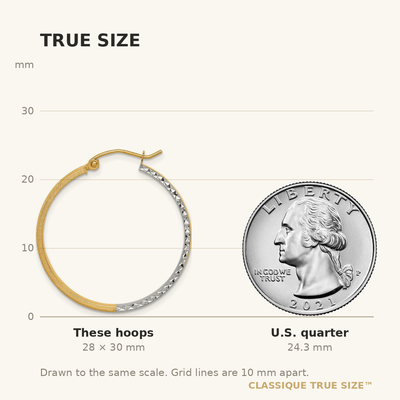 14K w/White Rhodium Polished Satin Diamond-cut In/Out Hoop Earrings, 30 x 4mm