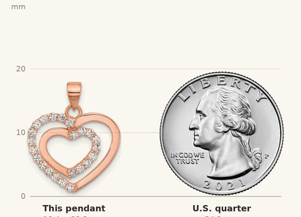 Classique True Size: Sterling Silver Rose Tone CZ Double Heart Pendant shown next to a US quarter (24.3 mm)