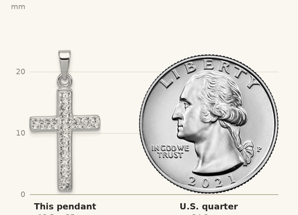 Classique True Size: Sterling Silver Rhodium Plated Stellux Crystal Cross Pendant shown next to a US quarter (24.3 mm)
