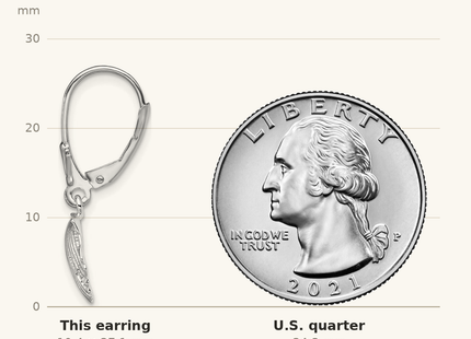 Classique True Size: De-Ani Sterling Silver Rhodium-Plated Polished Shell Leverback Earrings shown next to a US quarter (24.3 mm)
