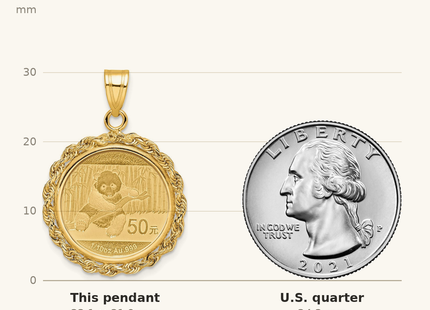 Classique True Size: Wideband Distinguished Coin Jewelry 14k Polished Rope Mounted 1/10oz Panda Prong Coin Bezel Pendant shown next to a US quarter (24.3 mm)